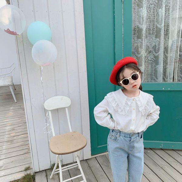 

shirts 2021 spring baby girls' blouse retro lace white shirt solid cotton long sleeve turn-down collar, White;black