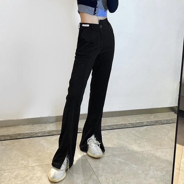 

women's pants & capris 2021 autumn fashion casual women solid color long pants, side split high waist wide leg trousers with pockets, Black;white