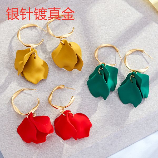 

925 sier needle rose petals morandi color earrings women's korean simple personality versatile trend, Golden