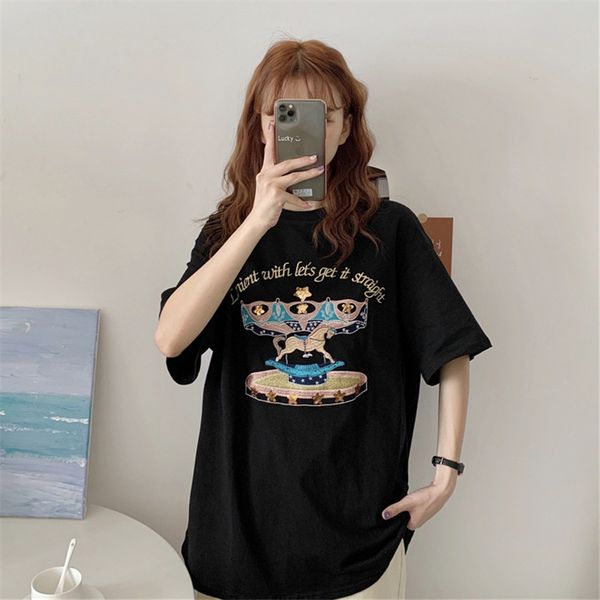 

t-shirt creative design sense of heavy industry embroidery niche medium length short sleeve t-shirt women's 2021 summer korean bf style, White