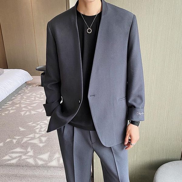 

men's suits & blazers male suit jacket blazer collarless single button men korean harajuku streetwear fashion loose casual coat, White;black