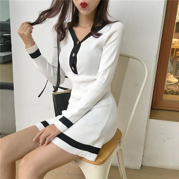 

casual dresses knitted mini dress fashion vintage women's clothing spring fall v-neck chic vestidos femininos bandage bodycon white, Black;gray