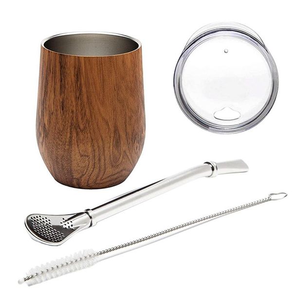 

mugs yerba mate gourd tea cup set 12oz,double-wall stainless coffee water with lid 1 bombillas straws filter spoon&brush