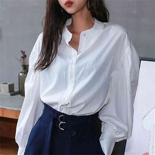 

autumn fashion design stand collar women shirt causal solid full sleeve loose female 210603, White
