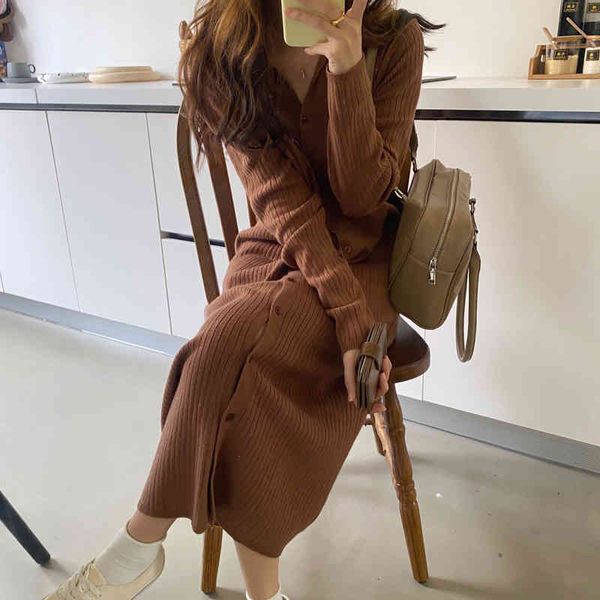 

dresses retro elegant women es knit slim long sleeve autumn solid turn-down collar mid-calf vestidos, Black;gray
