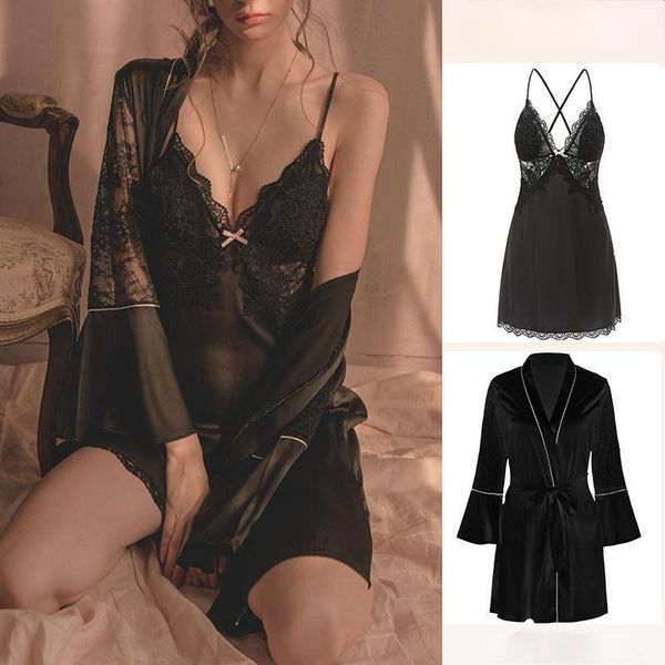 

women's sleepwear qweek dresses robe sets bathrobe for women silk nightgown lace summer nightdress backless dressing gown ladies, Black;red