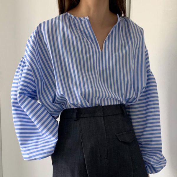 

women's blouses & shirts [ewq] korea chic autumn casual trendy women v-neck striped loose fashion blue three-quarter sleeve shirt 2021, White