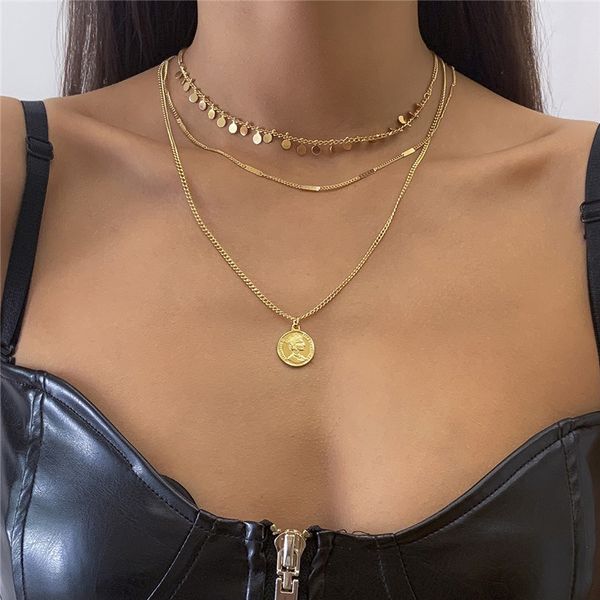 

european round brand portrait pendant necklaces geometric tassel sequins clavicle water wave chain women multi layer gold dress necklace jew, Silver
