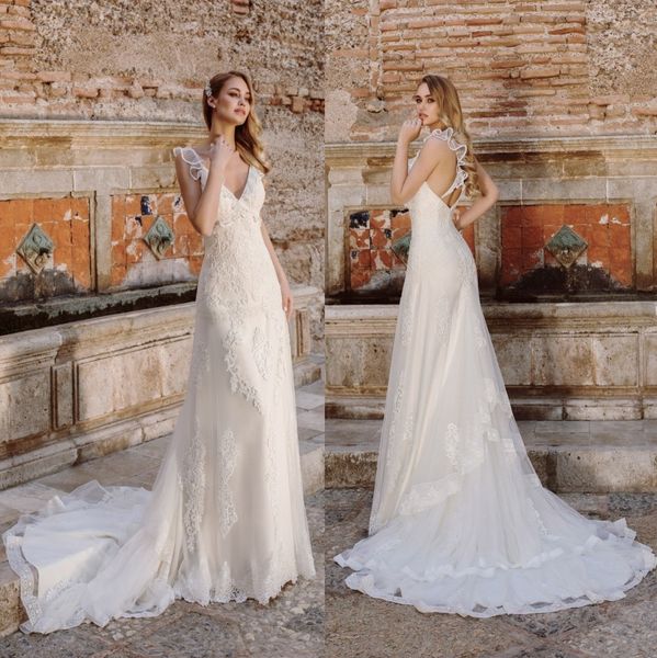 

amazing lace mermaid wedding dresses v neck backless bridal gowns boho sweep train appliqued beach tulle vestido de novia, White