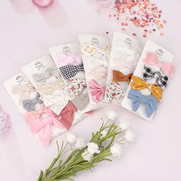 

hair accessories 4 pcs/set bowknot set wave point hairpins headwear kids linen printed cotton floral clips for girls, Slivery;white