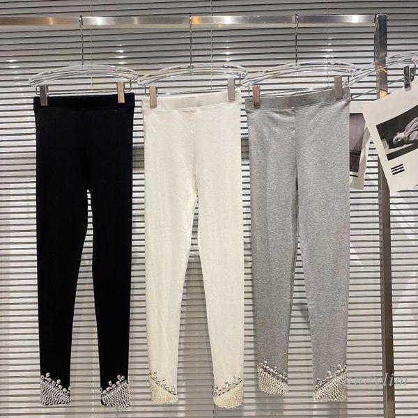 

women's leggings grey for women spring autumn pearl rhinestone beaded stretch slim fit legings mujer female all-match white black