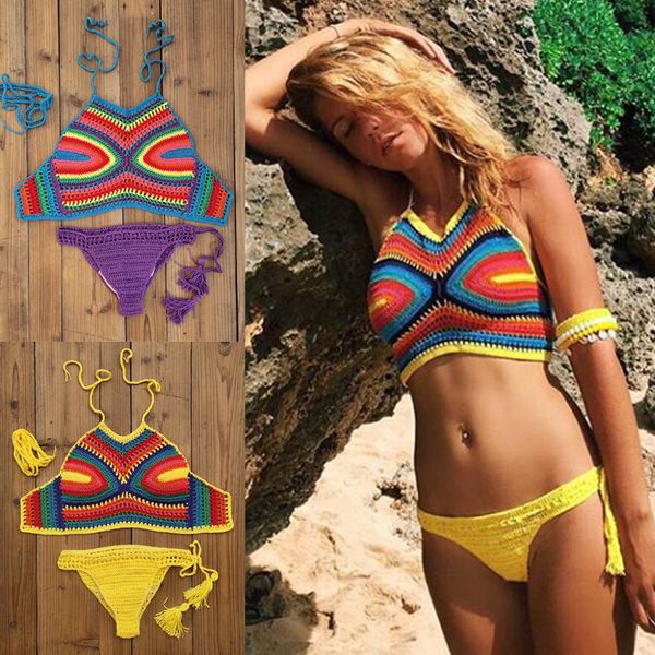 

women's swimwear hand crocheted bikini set starry night crop halter cami tank women beach zmiw, White;black