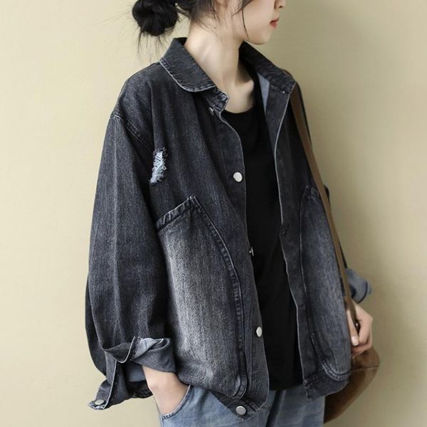 

women's jackets nini wonderland autumn 2021 cotton old denim jacket coat loose casual outerwear female vintage cardigan pockets, Black;brown