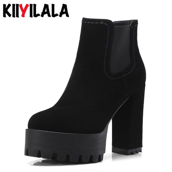 

boots kiiyilala brand zipper platform square heels 10.5cm women fashion short round toe ankle big zize shoes booties, Black
