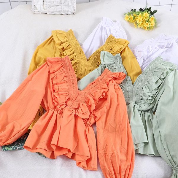 

women's blouses & shirts spring autumn women casual sweet solid v-neck blouse female fashion korean chic ruffles flare sleeve slim wil, White