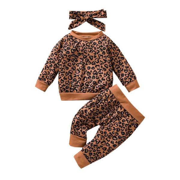 Kleidungssets 3-teiliger Kinder-Herbst-Trainingsanzug Leopardenmuster Rundhalsausschnitt mit langen Ärmeln Pullover + Hosen Haarband für Mädchen 0-2 Jahre