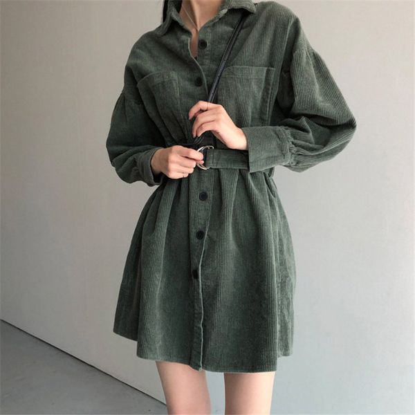 

hzirip retro green solid corduroy thicken 2021 korean plus size sashes stylish chic office lady streetwear high waist dresses, Black;gray