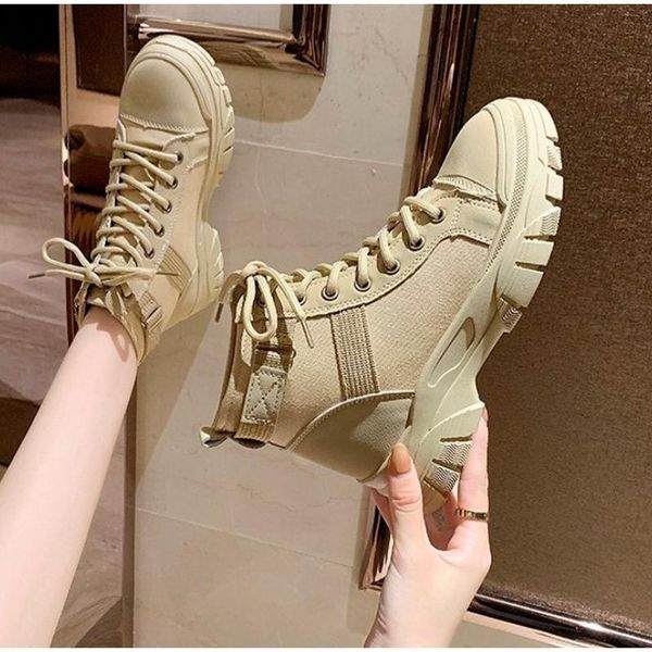 

boots 2021 women's ankle platform thick bottom buckle strap ladies shoe cloth patchwork pu leather lace up solid autumn female, Black