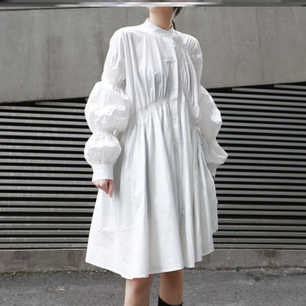 

dress 2021 spring autumn stand collar long sleeve white pleated stitch irregular big size shirt women blouse fashion qeu9, Black;gray