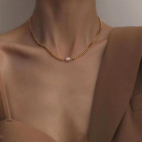 

chains ghidbk vintage stainless steel freshwater white pearl choker metal geometry necklace for women fashion street jewelry, Silver