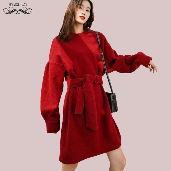 

casual dresses autumn and winter red short dress women 2021 wool round neck thickening vintage waistband fashion sweater gown female hj183, Black;gray