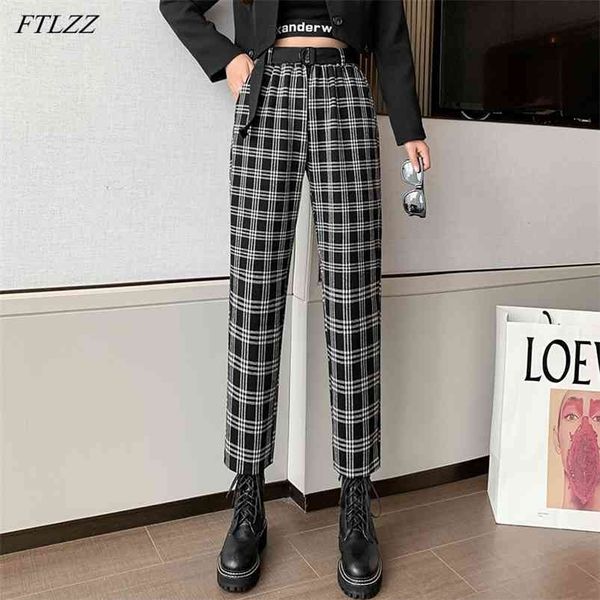 

spring summer arrival ladies plaid high waist with belt slim harem pants women casual loose ankle-length 210430, Black;white