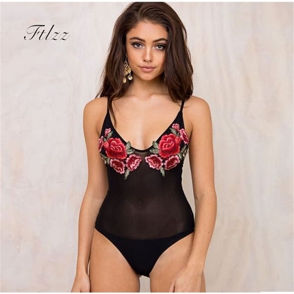 

summer skinny women bodysuits woman slim v neck spaghetti rose embroidered applique black body feminino bodysuit 210602, Black;white