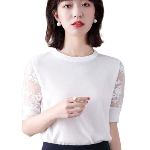 

mesh lace stitching women's thin short-sleeved ice silk sweater t-shirt summer and korean fashion clothing 210520, White;black