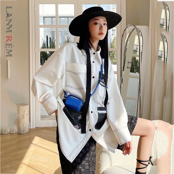 

women bright line contrast white big size blouse lapel long sleeve loose fit shirt fashion spring summer 2e1174 210507