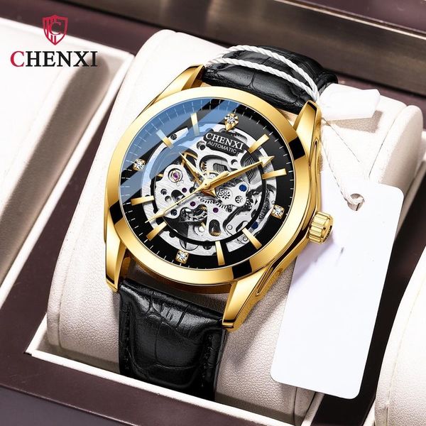 

wristwatches chenxi men's high-end mechanical watch hollow waterproof luminous automatic luxury leather strap wa206, Slivery;brown