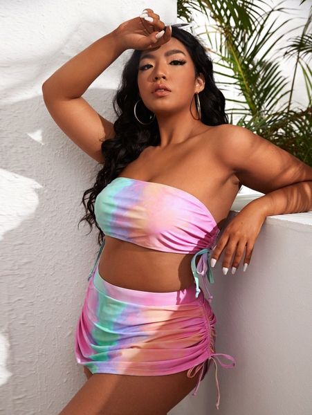 

plus tie dye drawstring skort bikini swimsuit q5ti#, Black