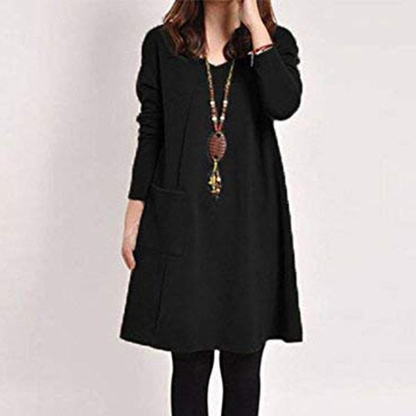 

feitong dress women fashion casual solid sukienka plus size v-neck loose pocket long sleeve women's clothing dresses, Black;gray