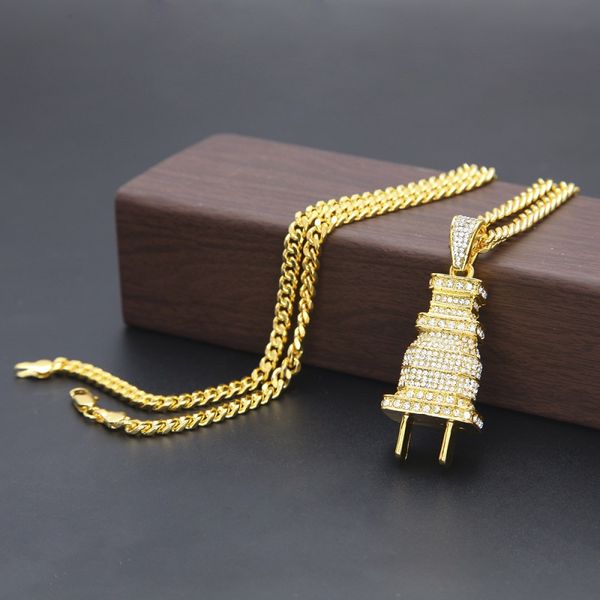 

mens fashion hip hop necklace gold cuban link chain iced out plug pendant necklace for men, Silver