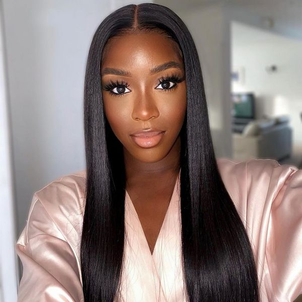 

indian straight t middle part lace wig non remy human hair wigs for black women pre plucked hairline narural color, Black;brown
