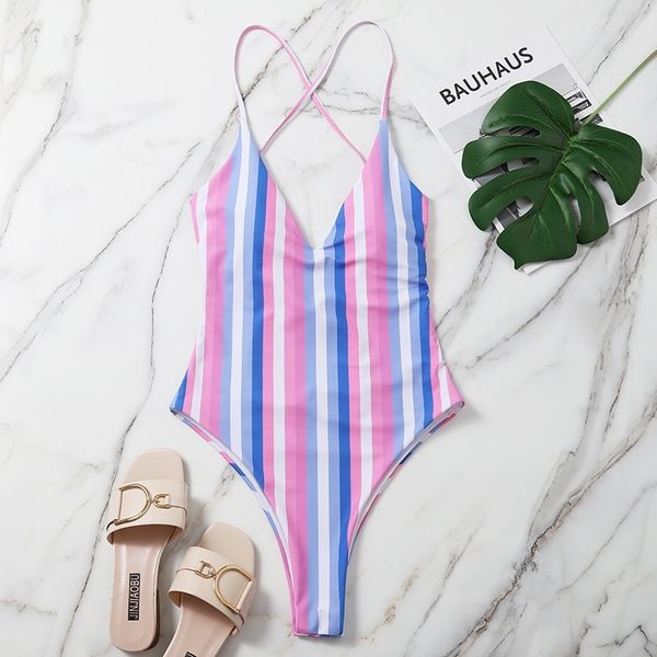 

2020 fashion women' open back triangle one piece striped printed swimsuit