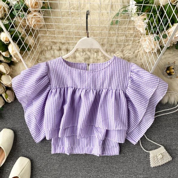 

women fashion plaid round neck double-layer flying sleeves ruffles high waist off navel chiffon shirt blouse blusas crop women's blouse, White
