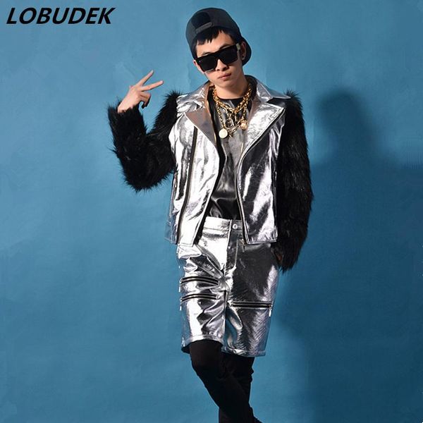 

men's fur & faux punk style silvery pu leather black feathers jacket suits nightclub tide male singer rock hip-hop stage outfit dj cost