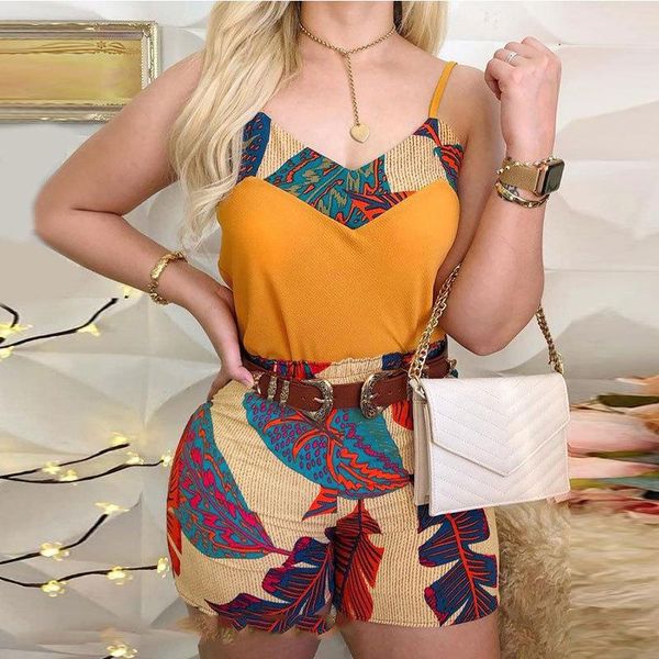 

women's tracksuits summer 2021 european and american fashion trend combination sling printed suit shorts clcey dt105, Gray