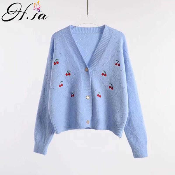 

h.sa women vintage knit cardigan with embroidery long sleeves v-neck chrry cardigan female elegant sweater korean outerwear 210716, White;black