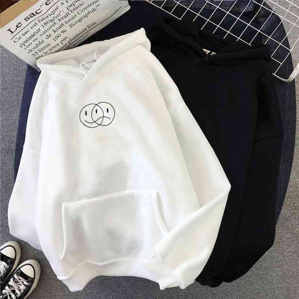 

women's hoodies & sweatshirts smile sad face streetwear sweatshirt men women casual pullover hip hop long sleeve line print student spo, Black