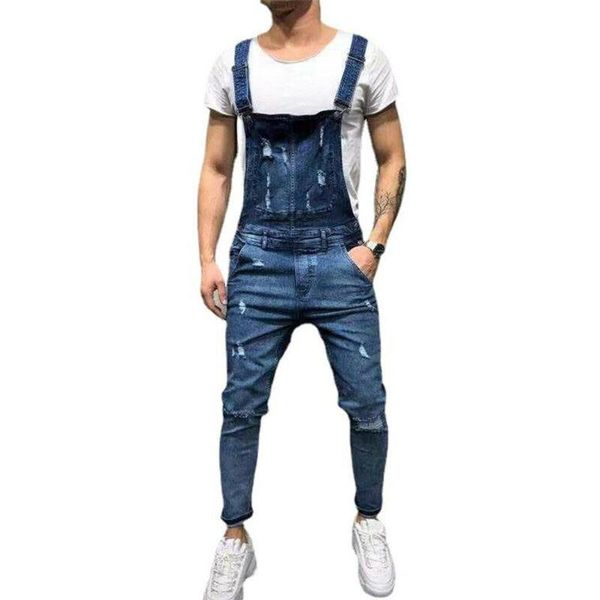 

men's jeans sleeveless denim pencil pants dungarees jumpsuit men's stretchy pockets full length casual fashion hole suspender trous, Blue