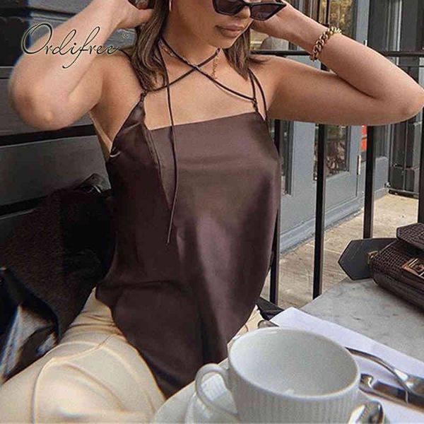 

summer women satin tank backless lace up silk camisole 210415, White