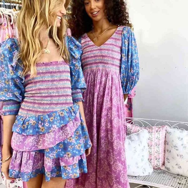 

print floral boho dresses for women summer half sleeve vintage french style retro robe femme layered mini dress 210415, Black;gray