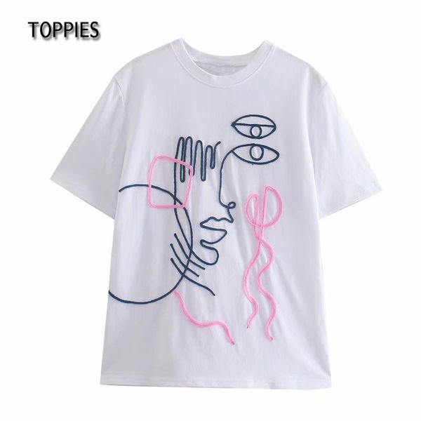 

ies summer abstract character t-shirts woman embroidered o-neck short slevee oversize t-shirts 210412, White