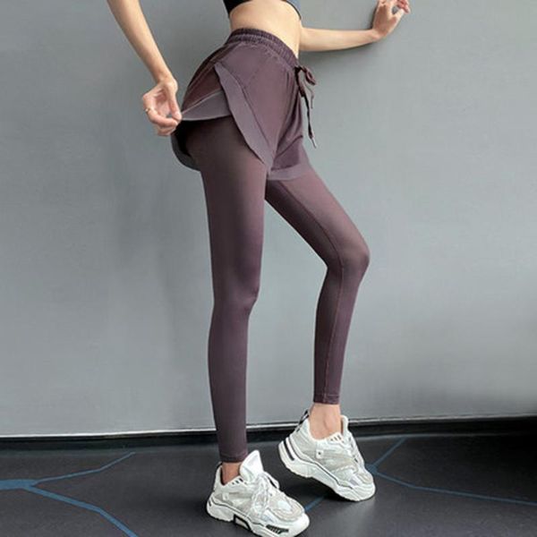 

yoga outfits purple workout fitness running leggings tights women double layer sport pants gym high waist jogging trousers, White;red
