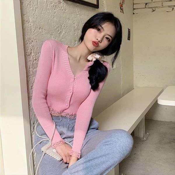 

v neck lace knitted womens sweater short women thin long sleeve cardigans woman single breasted casual femme, White;black