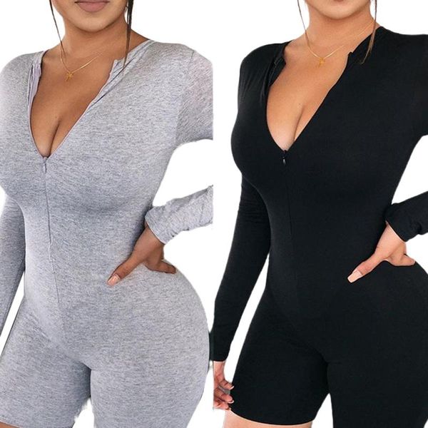 

women's jumpsuits & rompers 2021 women long sleeve deep v-neck playsuit jumpsuit solid color bodycon slim causal soft homewear shorts, Black;white