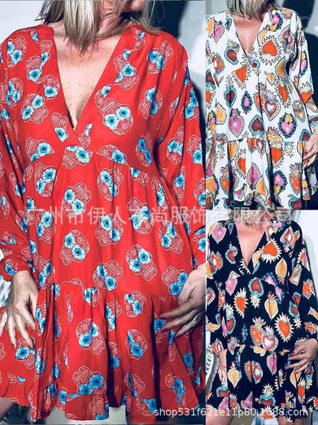 

flower thin skull print long sleeve dress two piece, White