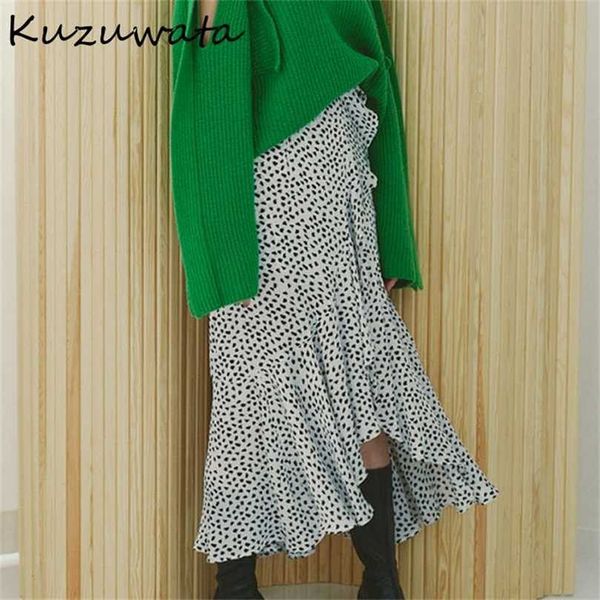 

kuzuwata winter fashion women jupes japanese sweet mujer faldas high waist irregular slit printed mid calf skirts 211119, Black