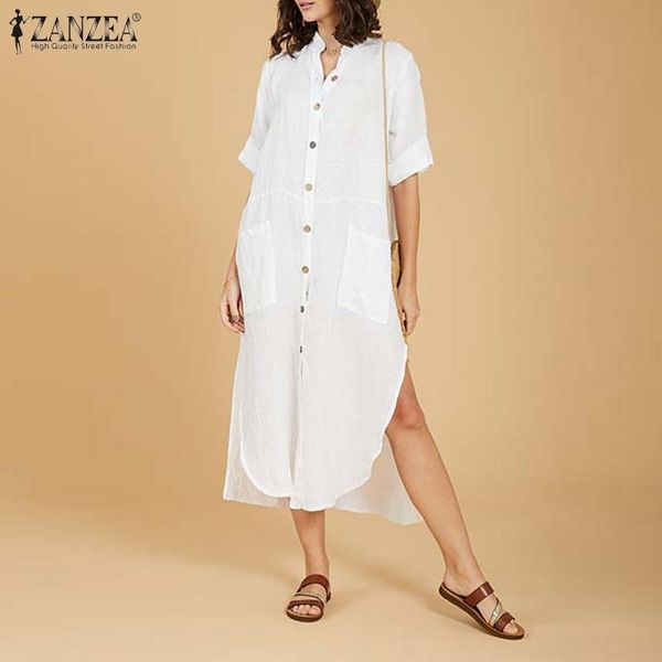 

casual dresses zanzea fashion solid midi robe cotton linen lapel vestidos ladies ol button womens 2021 spring autumn shirt dress, Black;gray